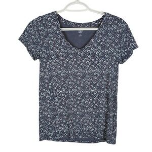 Gap Favorite V-Neck T-Shirt Womens Small Blue Floral Ditsy Print Short Sleeve
